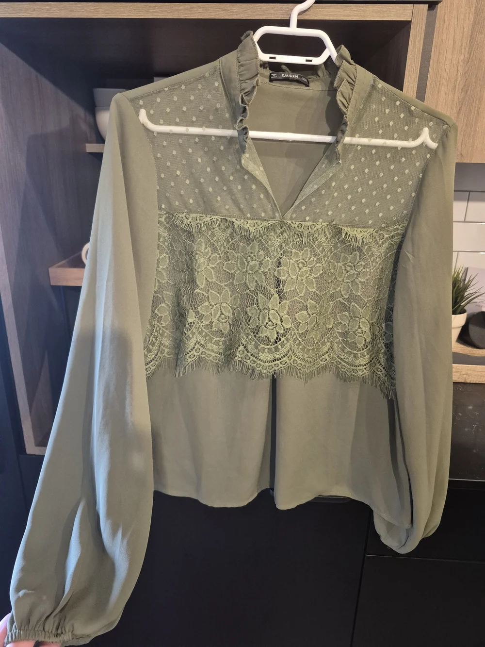 SHEIN Olive Green Lace & Mesh Ruffle-Neck Blouse - Picture 1 of 2